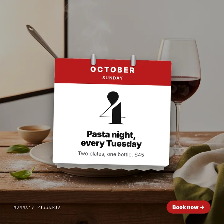 Pasta night, every Tuesday: a post designed for Nonna's Pizzeria